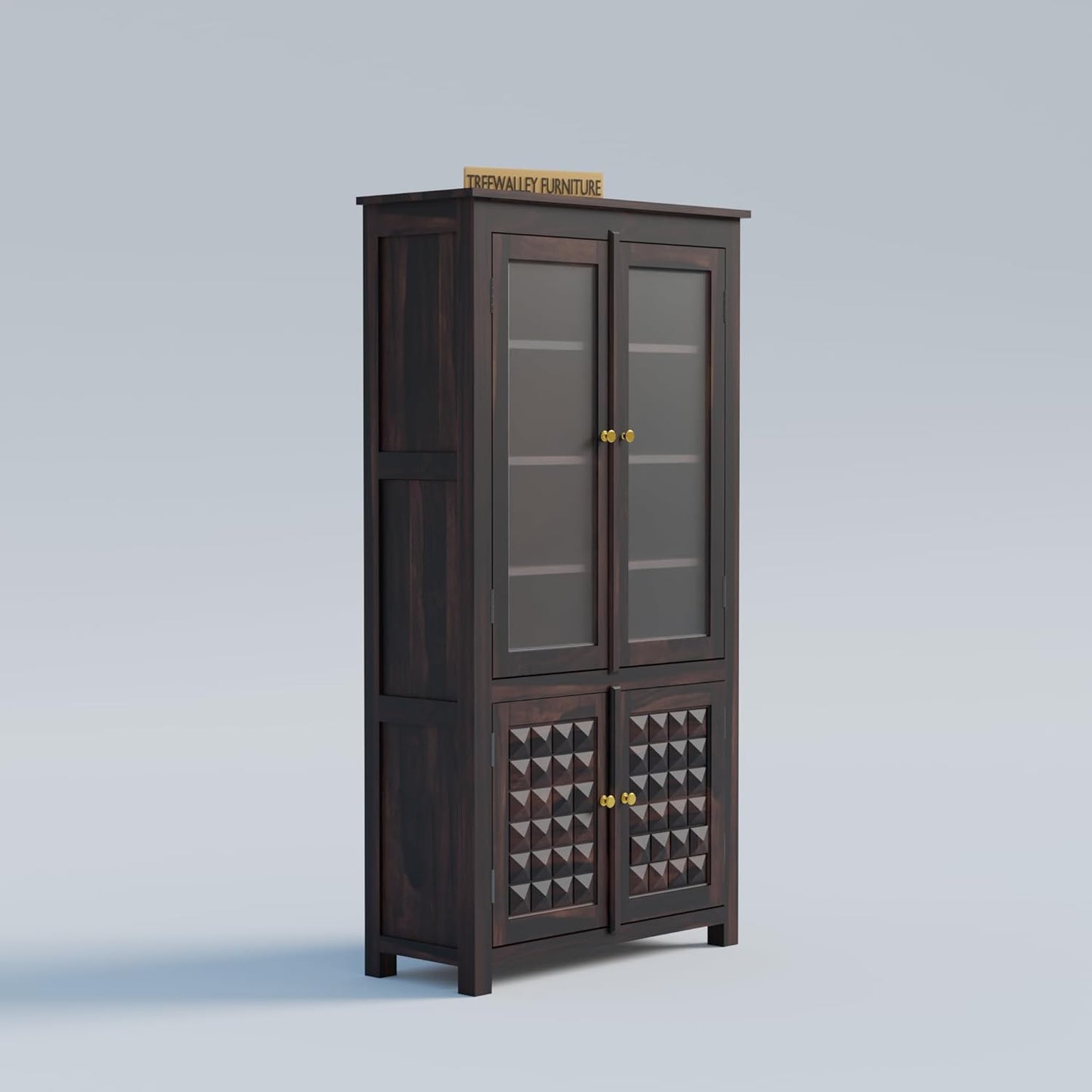 Solid Wood Glass Door Display Cabinet with Geometric Wooden Storage Doors