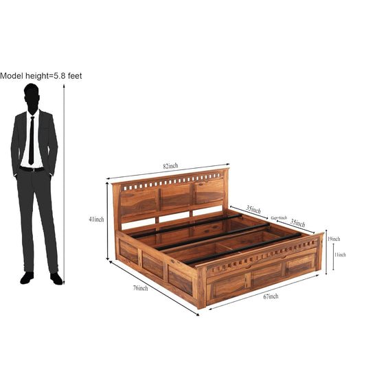 Royal Marwar Solid Sheesham Wood Storage Bed | King Size | Premium Honey Finish | Wooden Bed with Box Storage
