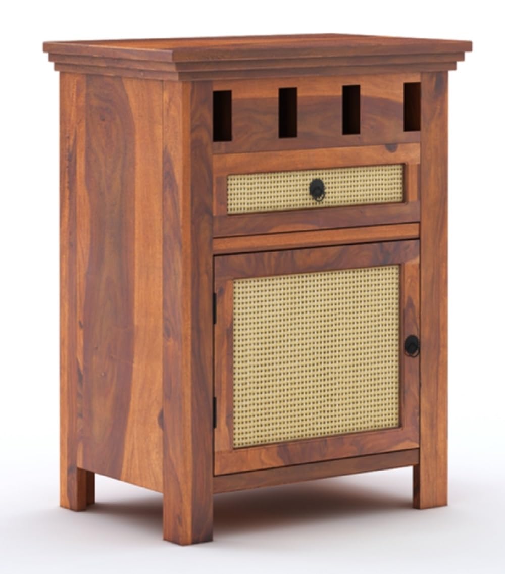 Royal Marwar Solid Sheesham Wood Bedside Table with Cane Door & Drawer | Nightstand | Honey Finish & Walnut Finish