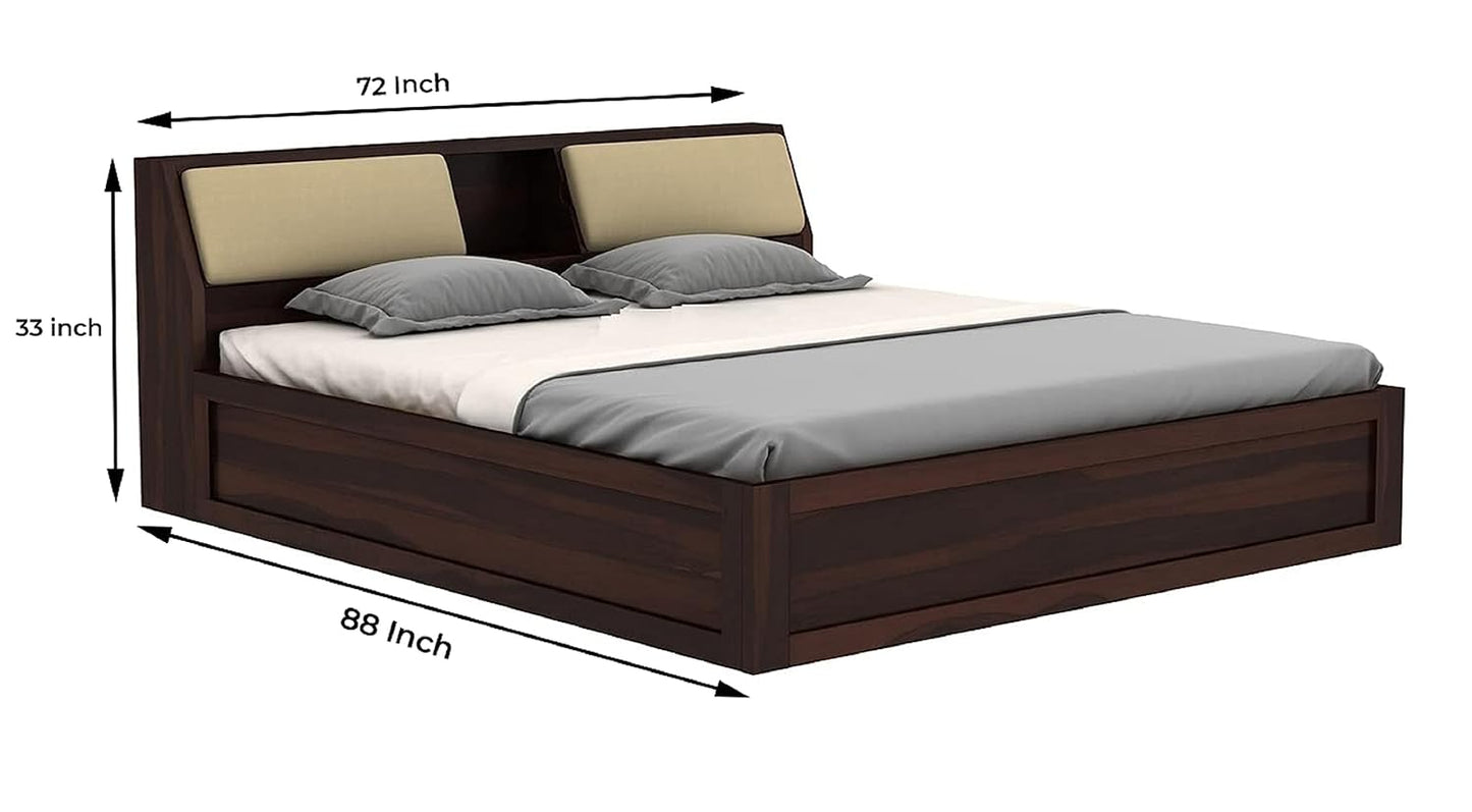 Royal Marwar Solid Sheesham Wood King Size Storage Bed | Upholstered Headboard | Premium Walnut Finish