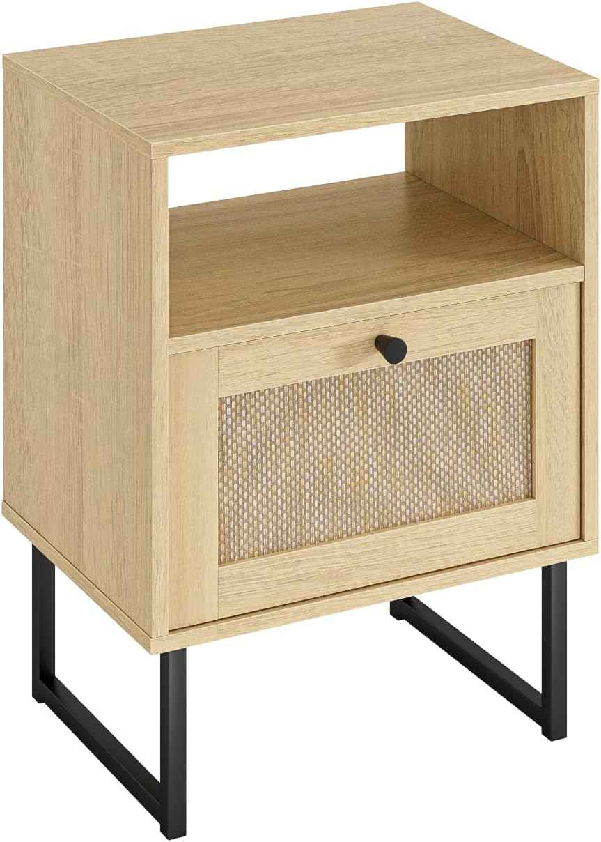 Royal Marwar Solid Mango Wood Bedside Table with Rattan Drawer & Open Shelf | Natural Finish | Modern Nightstand