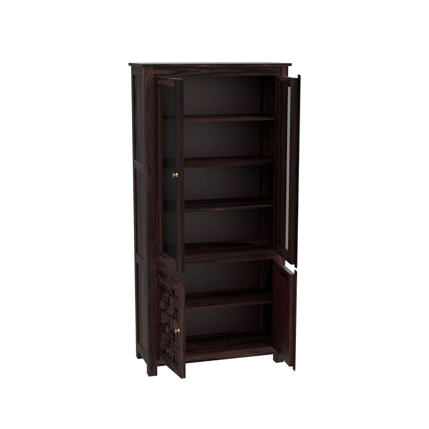 Solid Wood Glass Door Display Cabinet with Textured Wooden Storage Doors