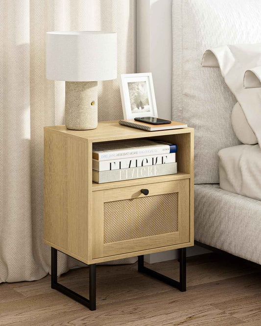 Royal Marwar Solid Mango Wood Bedside Table with Rattan Drawer & Open Shelf | Natural Finish | Modern Nightstand