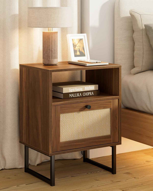 Royal Marwar Solid Mango Wood Bedside Table with Rattan Sliding Door & Open Shelf | Walnut Finish | Modern Nightstand