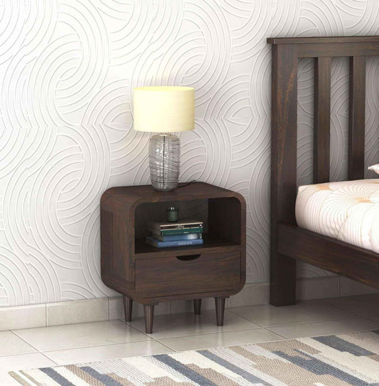 Royal Marwar Solid Sheesham Wood Bedside Table | 1 Drawer & Open Shelf | Nightstand for Bedroom | Walnut Finish