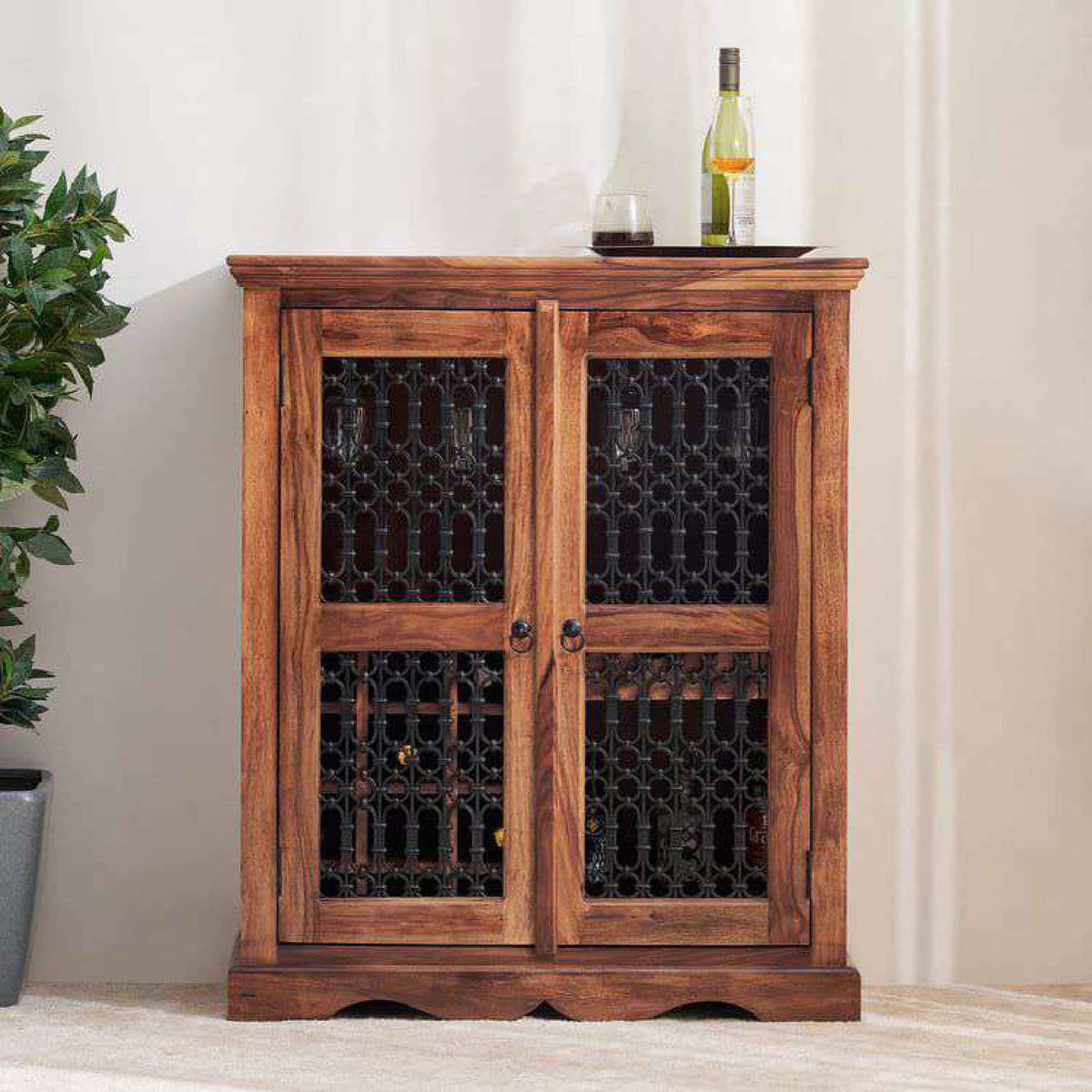 Royal Marwar Sheesham Wood Bar Cabinet | Metal Grill Doors, Wine Bottle Rack, Glass Holder & Drawer | Natural Finish
