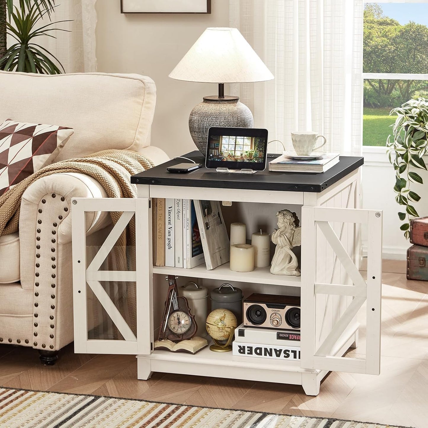 Royal Marwar Solid Mango Wood Side Table | Bedside Table with 2 Glass Door Storage Cabinet | Black Finish