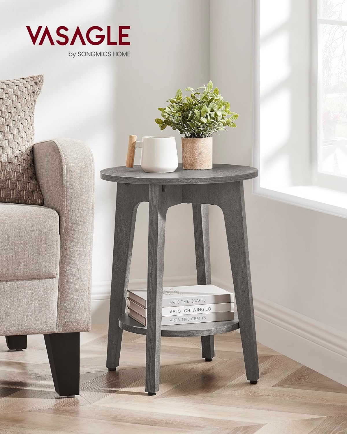 Royal Marwar Solid Mango Wood Round Side Table | Modern End Table with Storage Shelf | Honey Finish | Bedside Table