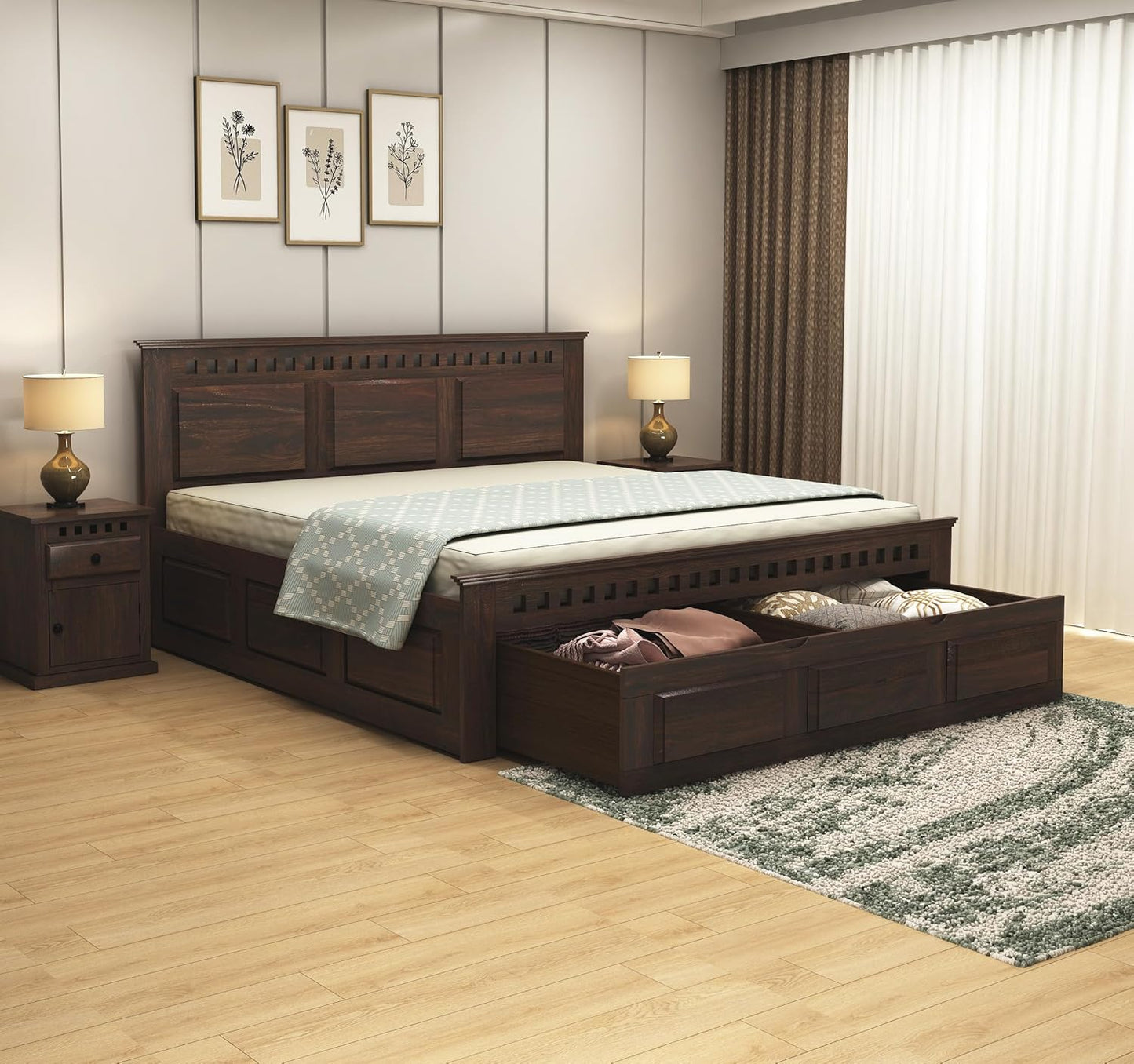 Royal Marwar Solid Sheesham Wood Storage Bed | King Size Bed with Hydraulic Storage | Premium Walnut Finish
