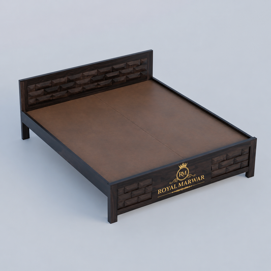 Dark walnut king bed frame with geometric textured headboard and footboard panels