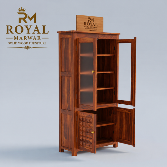 Solid Wood Glass Door Display Cabinet with Geometric Wooden Storage Doors
