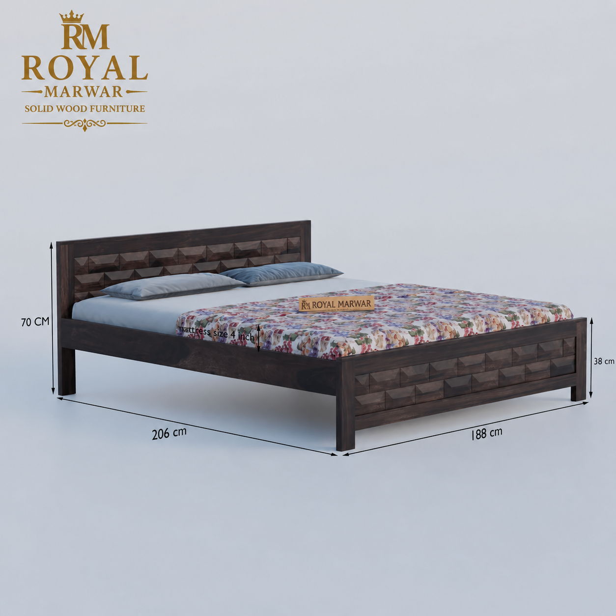 Premium Solid Wood King Size Bed with Artistic Geometric Panel Design
