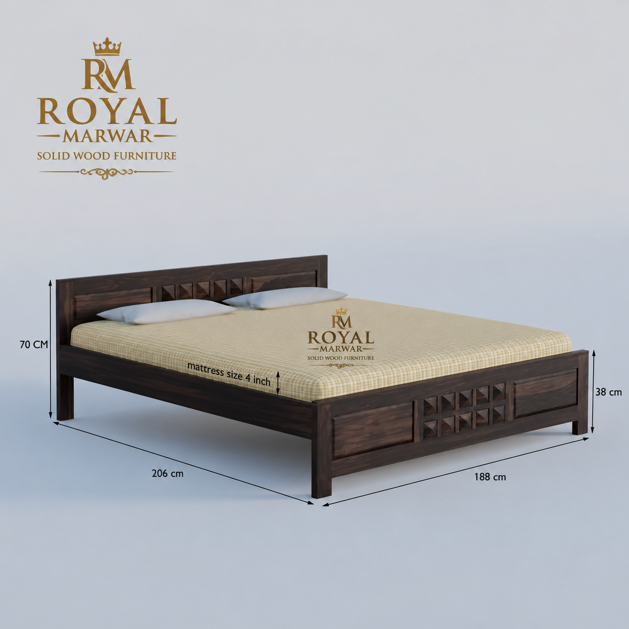 Royal Marwar Solid Sheesham Wood Bed Without Storage | Small Diamond Headboard Design | Palang Double Bed