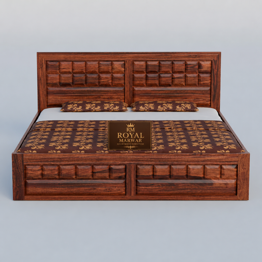 Royal Marwar Sheesham Wood Bed with Storage Box | Big Diamond Headboard Design | Wooden Double Bed for Bedroom
