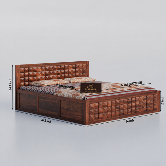 Premium Solid Wood King Size Bed with 3D Geometric Pyramid Panel Design