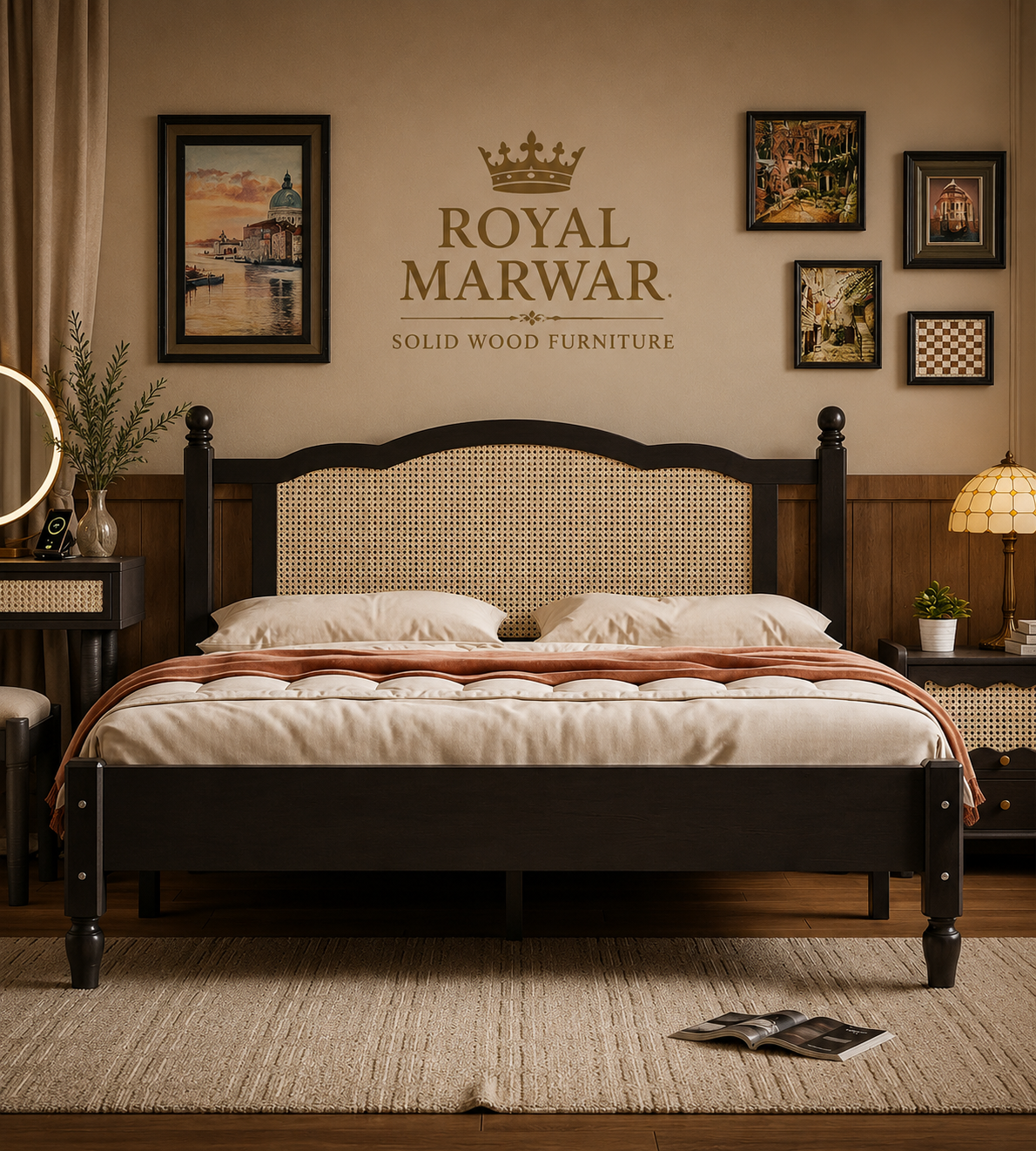 Royal Marwar Solid Sheesham Wood Cane Bed | Queen, King & California King Size | Premium Solid Wood Bed | Black Finish