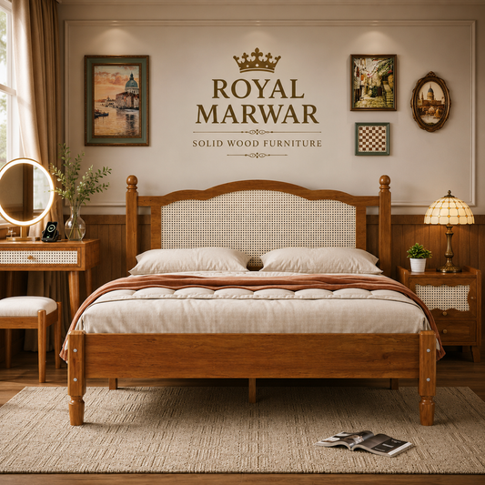 Royal Marwar Solid Sheesham Wood Cane Bed | Queen, King & California King Size | Premium Solid Wood Bed | Black Finish