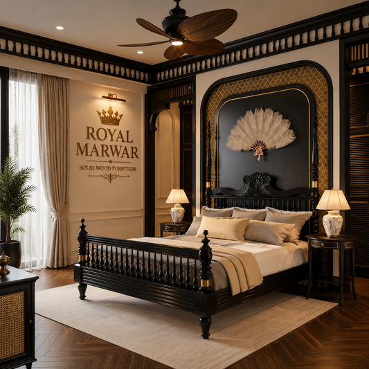 Royal Marwar Solid Sheesham Wood Luxury Bed | King & California King Size | Premium Solid Wood Bed Frame | Black Finish