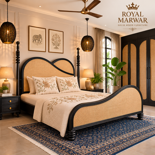Royal Marwar Solid Sheesham Wood Cane Bed | Queen, King & California King | Premium Black Finish | Luxury Solid Wood Bed Frame