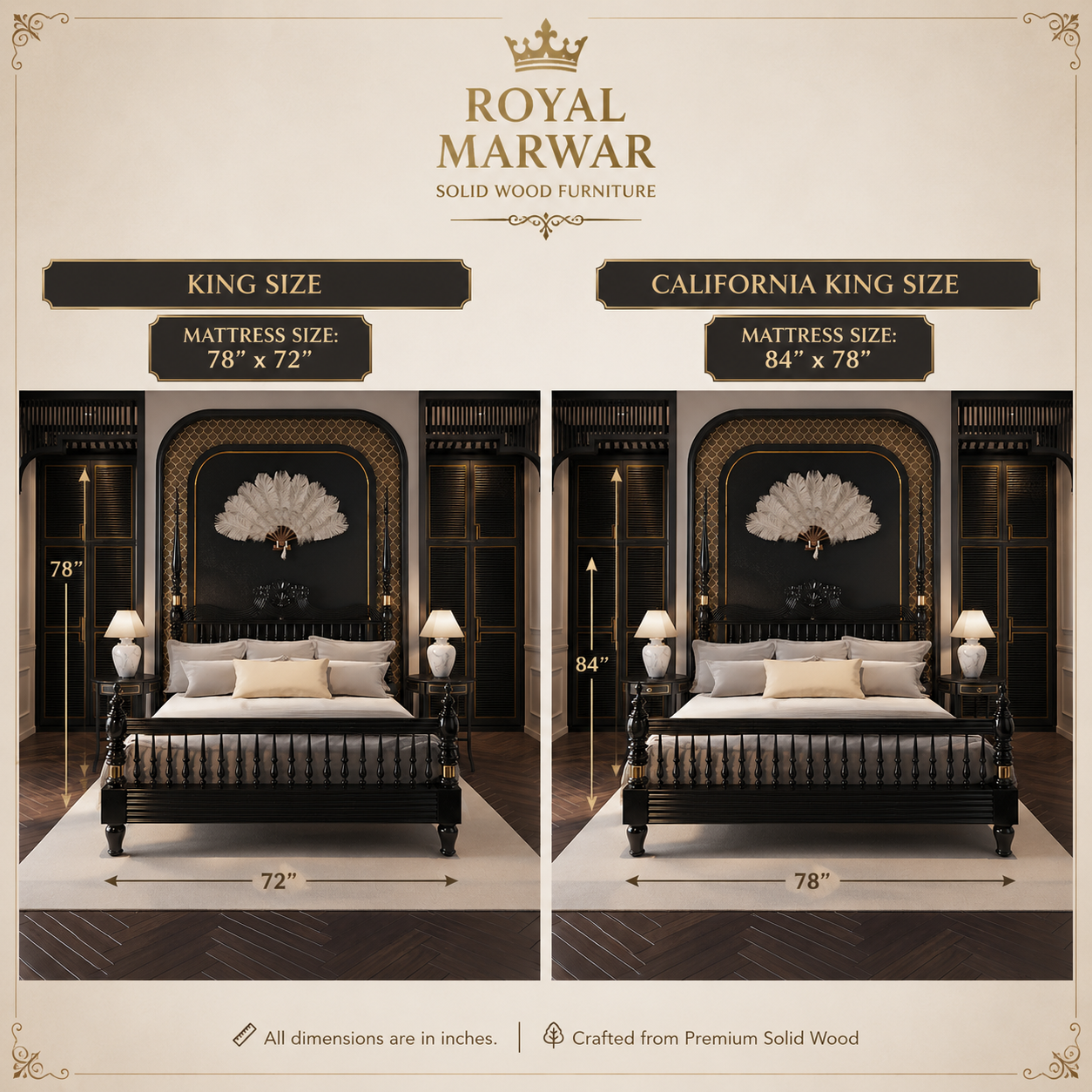 Royal Marwar Solid Sheesham Wood Luxury Bed | King & California King Size | Premium Solid Wood Bed Frame | Black Finish