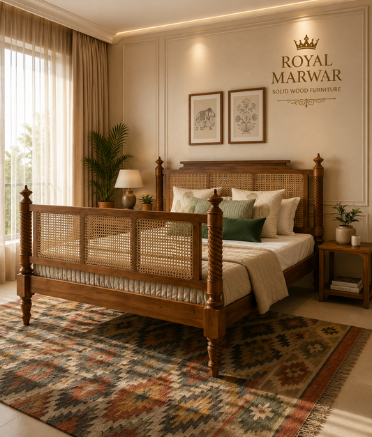 Royal Marwar Solid Sheesham Wood Cane Bed | Queen, King & California King | Handcrafted Solid Wood Bed | Honey Finish