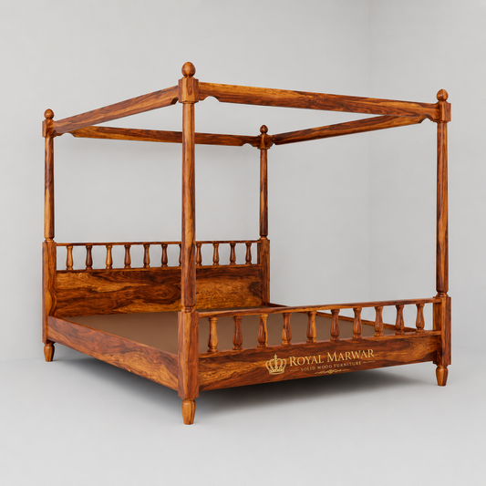 Royal Marwar Solid Sheesham Wood Four Poster Bed | King Size | Premium Solid Wood Canopy Bed | Honey Finish