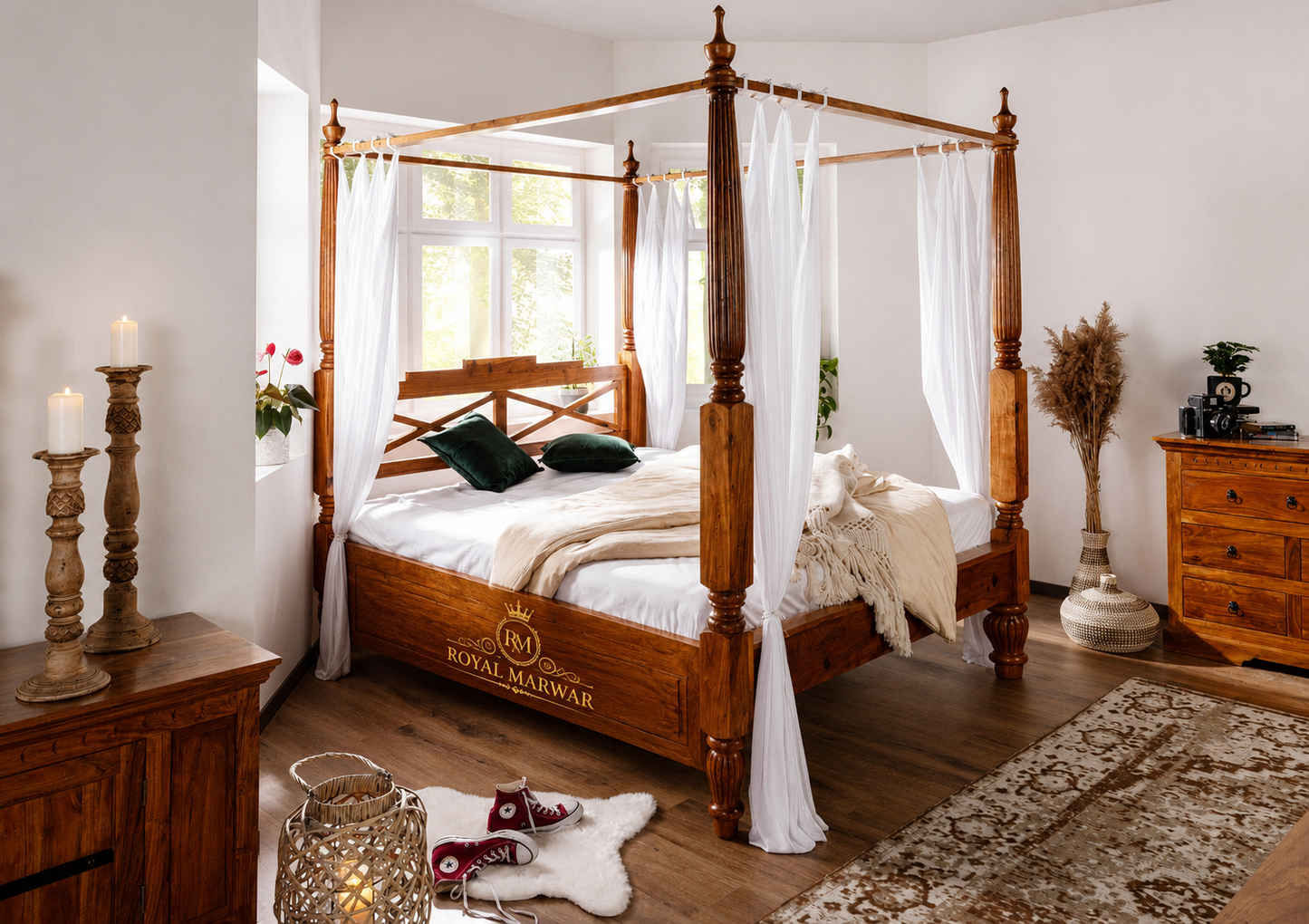 Royal Marwar Solid Sheesham Wood Four Poster Canopy Bed | Luxury Wooden Poster Bed | Honey Finish