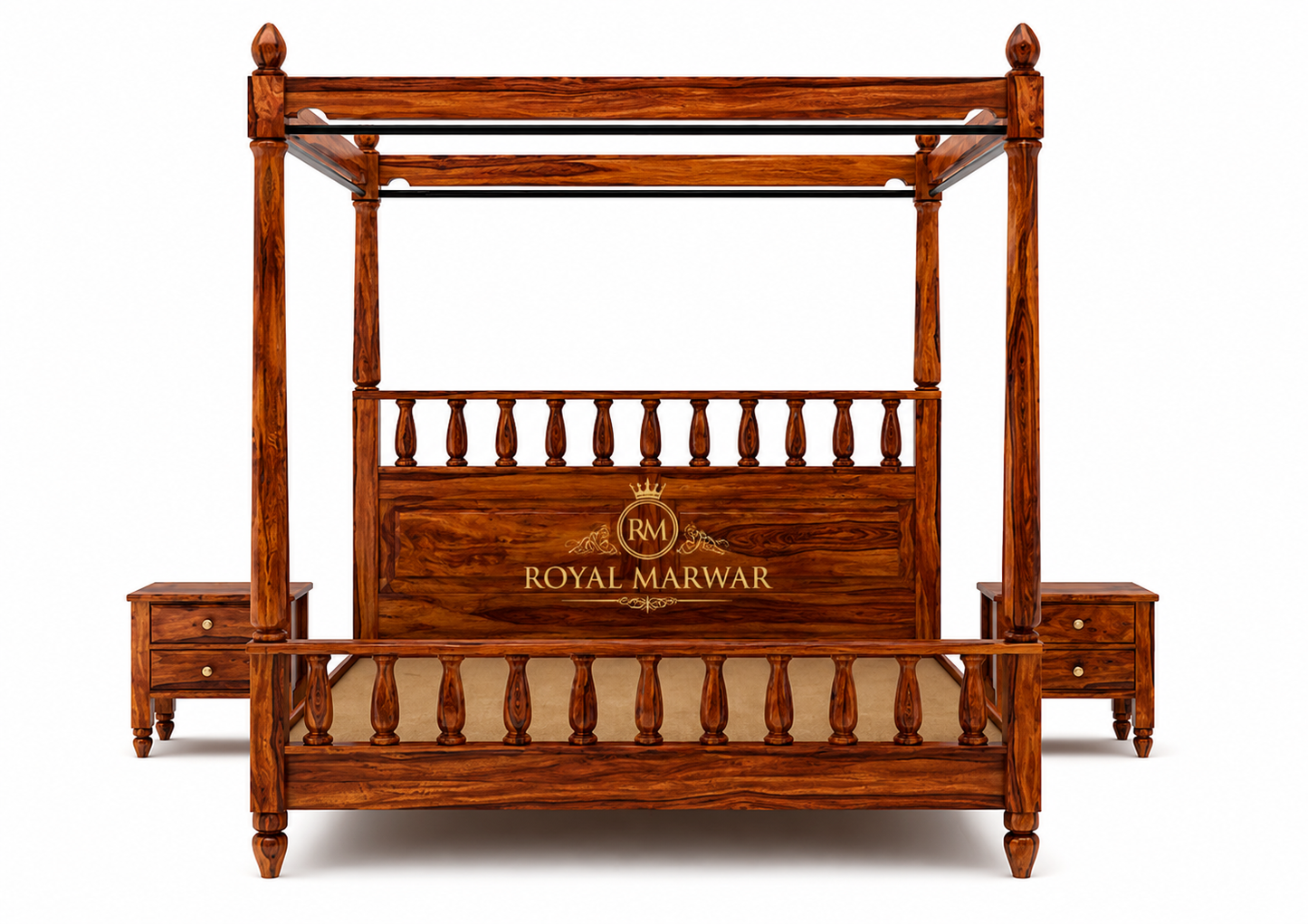 Royal Marwar Solid Sheesham Wood Four Poster Bed | King Size Canopy Bed | Premium Handcrafted Wooden Bed | Honey Finish & Walnut Finish