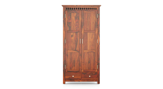 Royal Marwar Solid Sheesham Wood 2 Door Wardrobe with Drawers | Handcrafted Wooden Almirah | Honey Finish