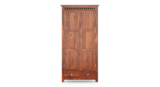 Royal Marwar Solid Sheesham Wood 2 Door Wardrobe with Drawers | Handcrafted Wooden Almirah | Honey Finish