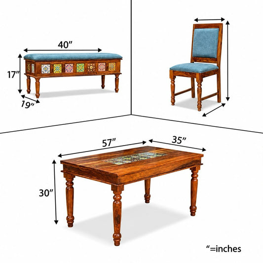 Royal Marwar Solid Sheesham Wood Dining Table Set 6 Seater | 1 Table, 4 Chairs & 1 Bench | Tiles Design | Honey Finish