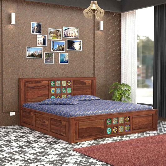 Solid Wood Designer Double Bed with Decorative Tile Pattern Headboard & Footboard