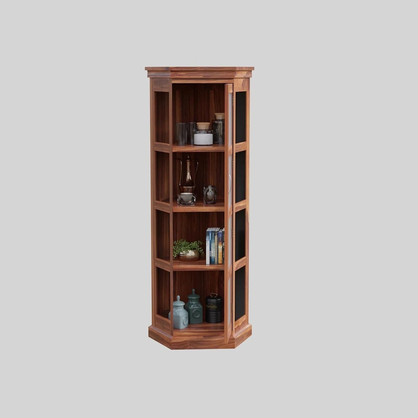 Royal Marwar Solid Sheesham Wood Corner Display Cabinet | Glass Door Corner Bookcase | Wooden Display Unit | Honey Finish