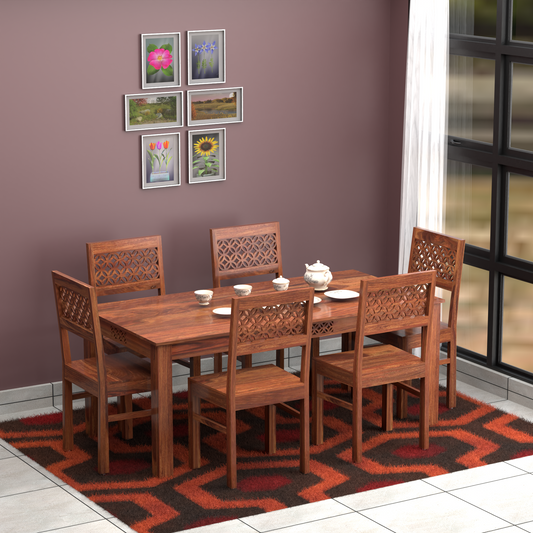Royal Marwar Solid Sheesham Wood 6 Seater Dining Table Set | Wooden Dining Set with 6 Chairs | Honey Finish