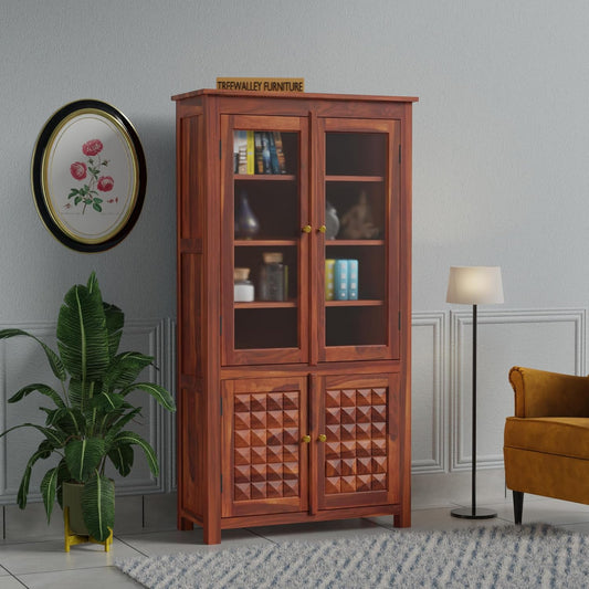 Solid Wood Glass Door Display Cabinet with Geometric Wooden Storage Doors