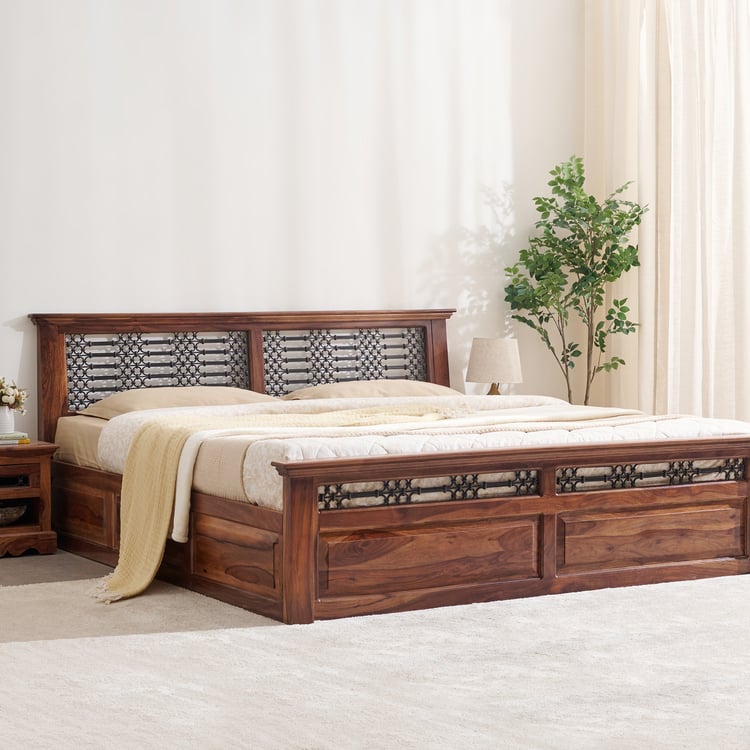 Royal Marwar Solid Sheesham Wood King Size Storage Bed | Premium Honey Finish | Wooden Bed with Box Storage & Metal Jali Headboard