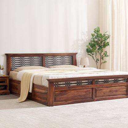 Royal Marwar Solid Sheesham Wood King Size Storage Bed | Premium Honey Finish | Wooden Bed with Box Storage & Metal Jali Headboard