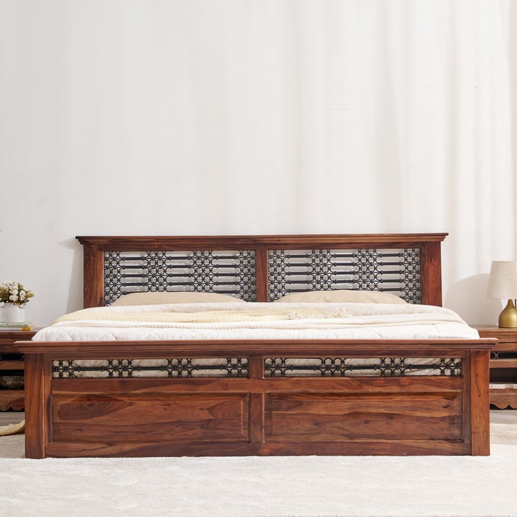 Royal Marwar Solid Sheesham Wood King Size Storage Bed | Premium Honey Finish | Wooden Bed with Box Storage & Metal Jali Headboard