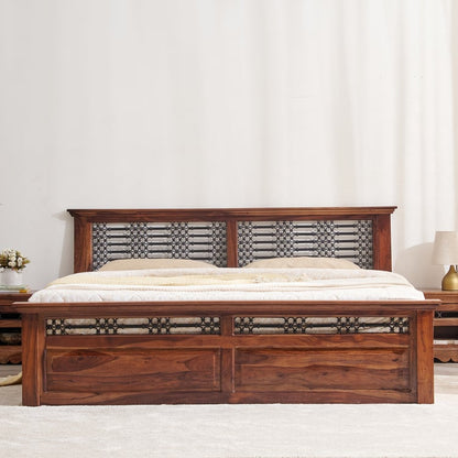 Royal Marwar Solid Sheesham Wood King Size Storage Bed | Premium Honey Finish | Wooden Bed with Box Storage & Metal Jali Headboard
