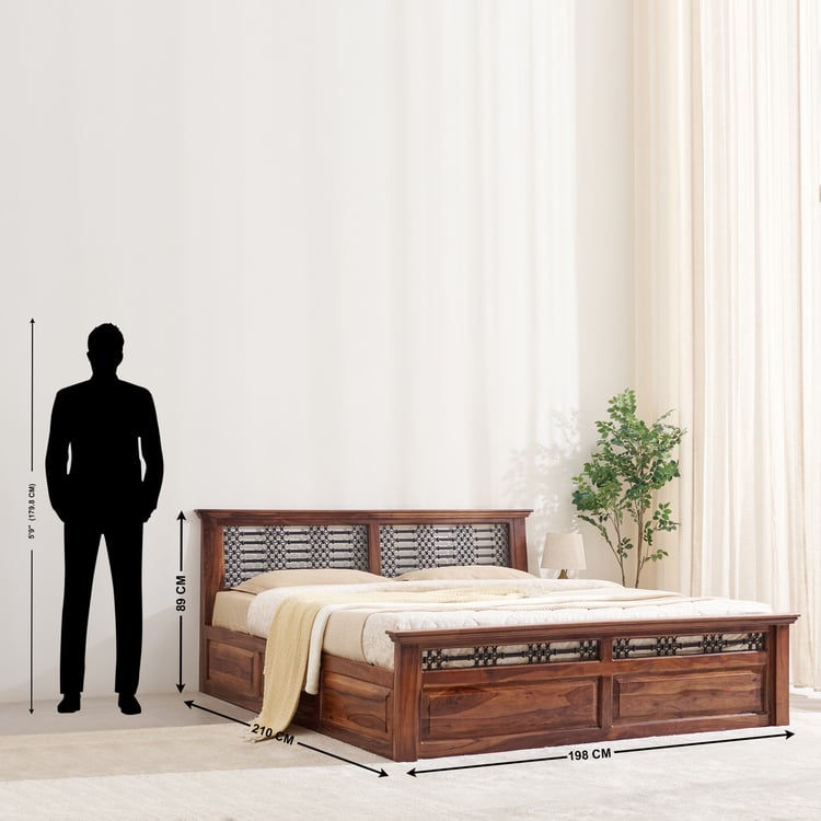 Royal Marwar Solid Sheesham Wood King Size Storage Bed | Premium Honey Finish | Wooden Bed with Box Storage & Metal Jali Headboard