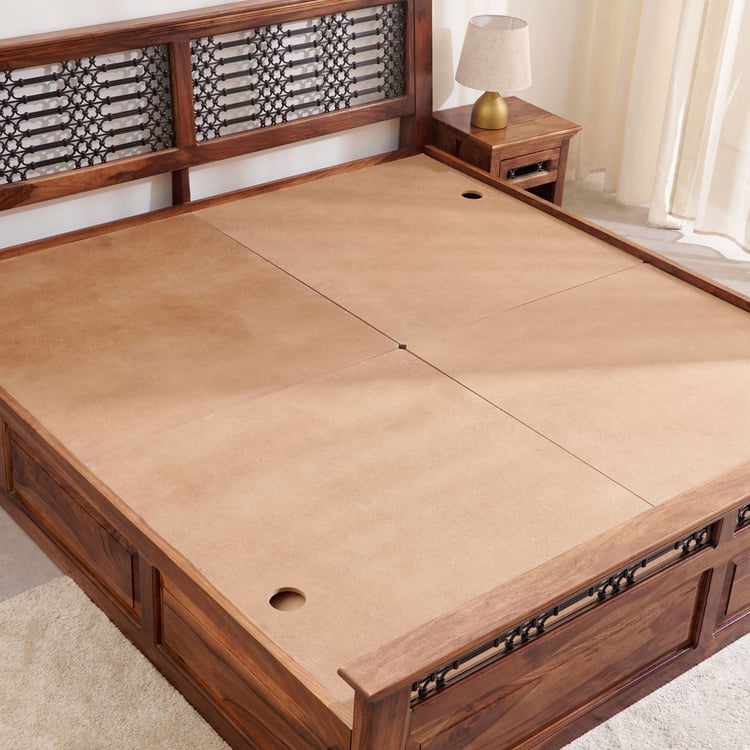 Royal Marwar Solid Sheesham Wood King Size Storage Bed | Premium Honey Finish | Wooden Bed with Box Storage & Metal Jali Headboard