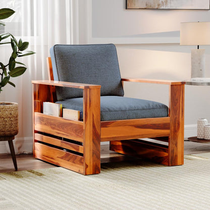 Royal Marwar Solid Sheesham Wood 1 Seater Sofa Chair | Wooden Armchair with Fabric Cushion | Honey Finish