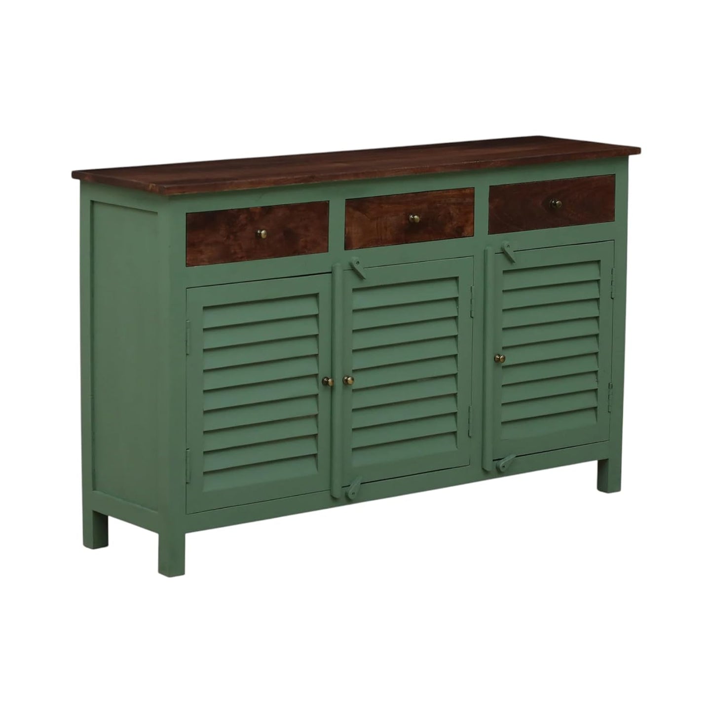 Royal Marwar Solid Mango Wood Sideboard Cabinet with 3 Drawers & 3 Shutter Doors | White & Green Finish | Farmhouse Storage Cabinet