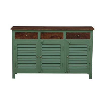 Royal Marwar Solid Mango Wood Sideboard Cabinet with 3 Drawers & 3 Shutter Doors | White & Green Finish | Farmhouse Storage Cabinet