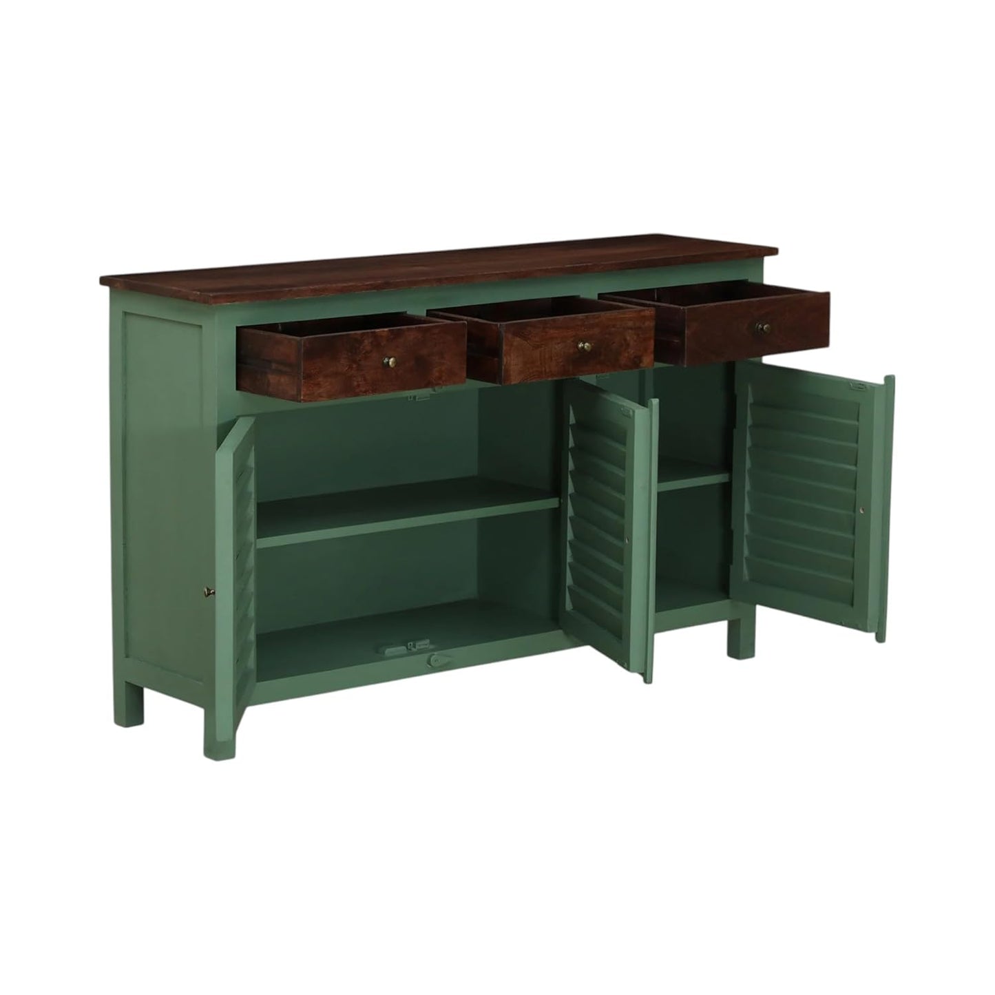 Royal Marwar Solid Mango Wood Sideboard Cabinet with 3 Drawers & 3 Shutter Doors | White & Green Finish | Farmhouse Storage Cabinet