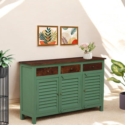 Royal Marwar Solid Mango Wood Sideboard Cabinet with 3 Drawers & 3 Shutter Doors | White & Green Finish | Farmhouse Storage Cabinet