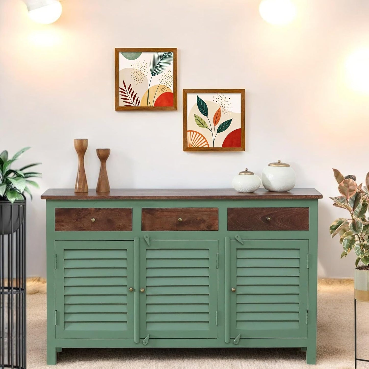 Royal Marwar Solid Mango Wood Sideboard Cabinet with 3 Drawers & 3 Shutter Doors | White & Green Finish | Farmhouse Storage Cabinet