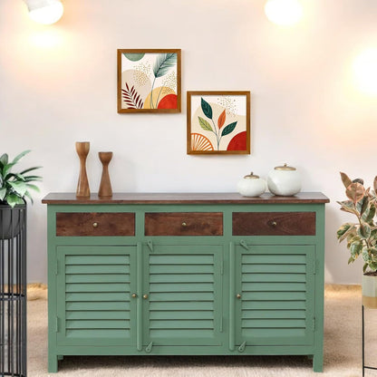 Royal Marwar Solid Mango Wood Sideboard Cabinet with 3 Drawers & 3 Shutter Doors | White & Green Finish | Farmhouse Storage Cabinet