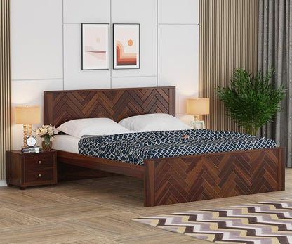 Royal Marwar Solid Sheesham Wood King Size Bed | Herringbone Panel Design | Premium Honey Finish | Wooden Bed Without Storage