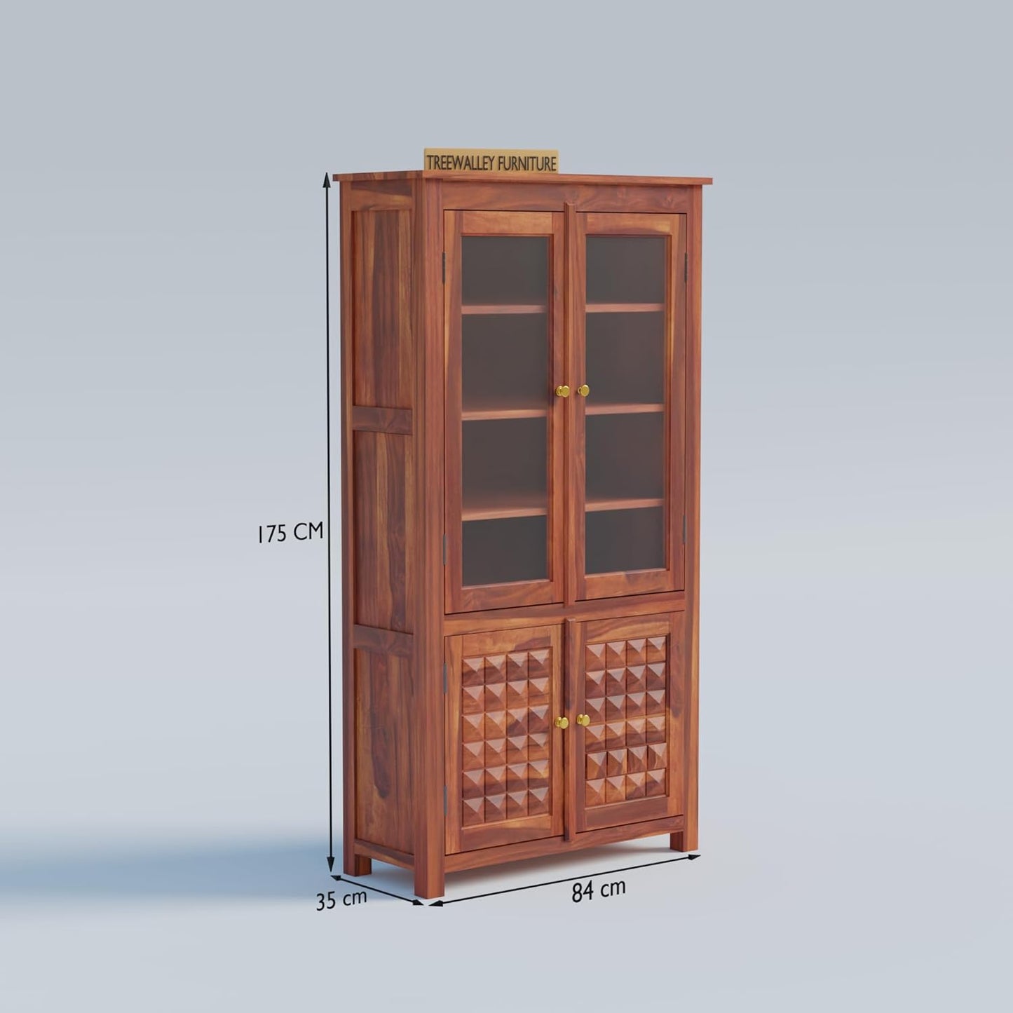 Solid Wood Glass Door Display Cabinet with Geometric Wooden Storage Doors